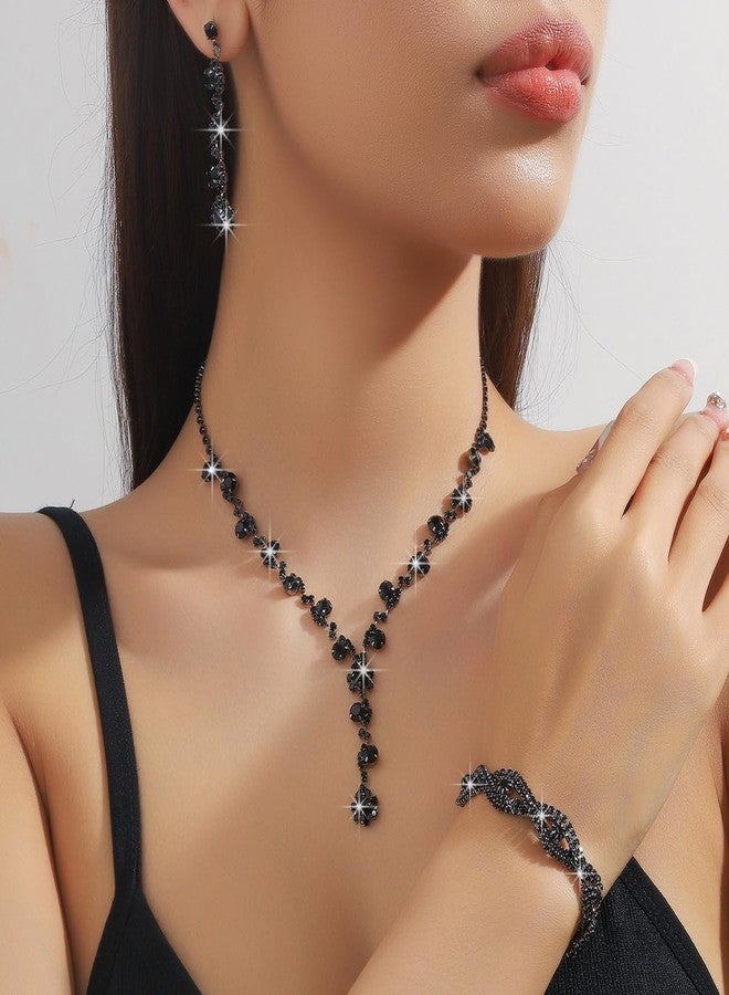 IS4U 3PCS Bridal Wedding Earrings Necklace Bracelet Set Sparkling Rhinestone Crystals Necklace Dangle Earrings Bracelet Set Wedding Prom Banquet Party Ball Costume Jewelry Set for Women (Black) - Image 2